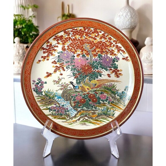 Vintage Satsuma Asian Japanese Bird And Flower Plate w/Hanging Hardware 12 1/4” - Picture 1 of 2